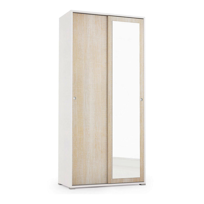 Guardaroba Abduhl, Armadio a 2 ante scorrevoli e specchio, Mobile con barra appendiabiti e ripiani, 100% Made in Italy, 90x45h195 cm, Rovere e Bianco