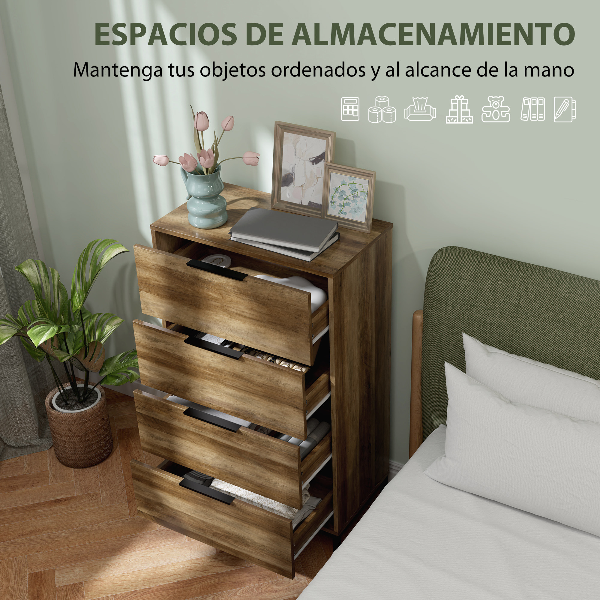 Cómoda de 4 Cajones Cómoda para Dormitorio Alta con Tiradores Metálicos Cajonera Estrecha para Salón Pasillo 62x35x105 cm Natural