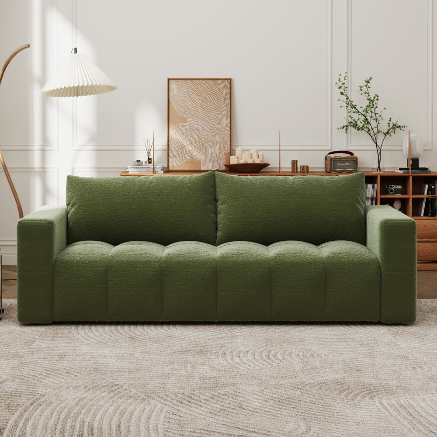 MIDLAND Canapé convertible 3 places avec coffre en bouclette vert