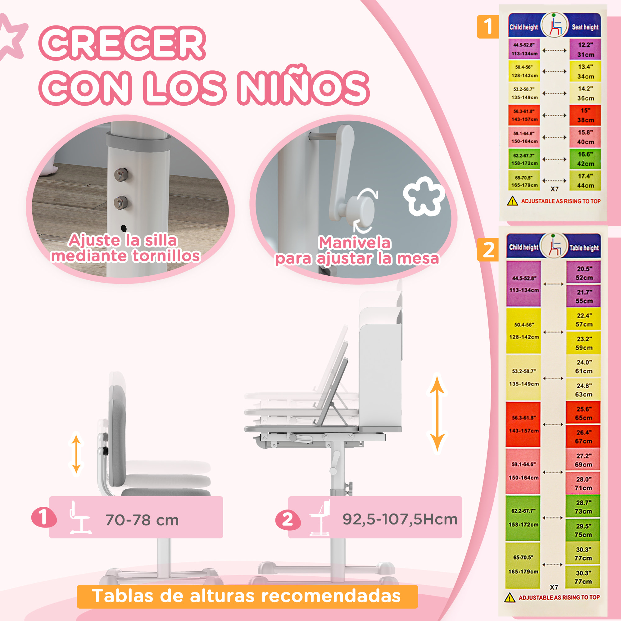 Juego de Escritorio y Silla para Niños de +3 Años, Pupitre Infantil Altura Ajustable con Tablero Inclinable, Cajón y Estantes, Respaldo Acolchado, para Libros, 80x55x107,5 cm, Gris