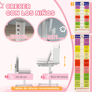 Juego de Escritorio y Silla para Niños de +3 Años, Pupitre Infantil Altura Ajustable con Tablero Inclinable, Cajón y Estantes, Respaldo Acolchado, para Libros, 80x55x107,5 cm, Gris