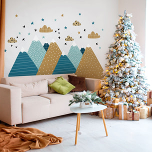 Stickers muraux Noël - Décoration chambre salon - Autocollant Sticker mural géant montagnes scandinaves MONTAGNES DE NOËL