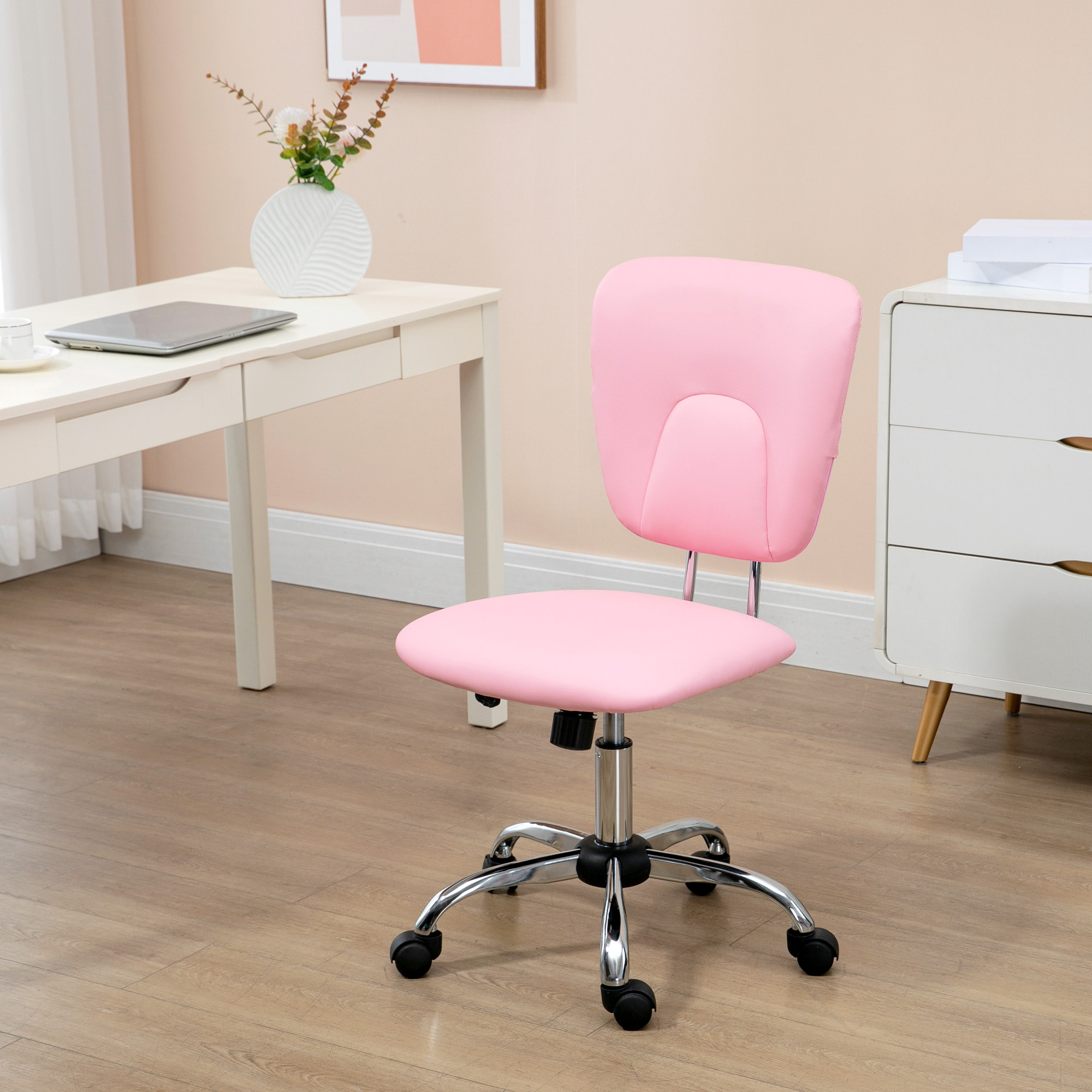 Silla de Oficina Silla de Escritorio Giratoria de Cuero PU con Altura Ajustable y Función de Inclinación para Salón Dormitorio Estudio Carga 120 kg 50x54x87,5-96,5 cm Rosa