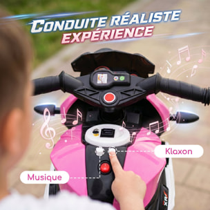 Moto électrique pour enfants 3 roues 6 V 3 Km/h effets lumineux et sonores rose