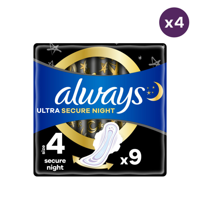 4x9 Serviettes Hygiéniques Always Ultra Secure Night- Taille 4 - Avec Ailettes