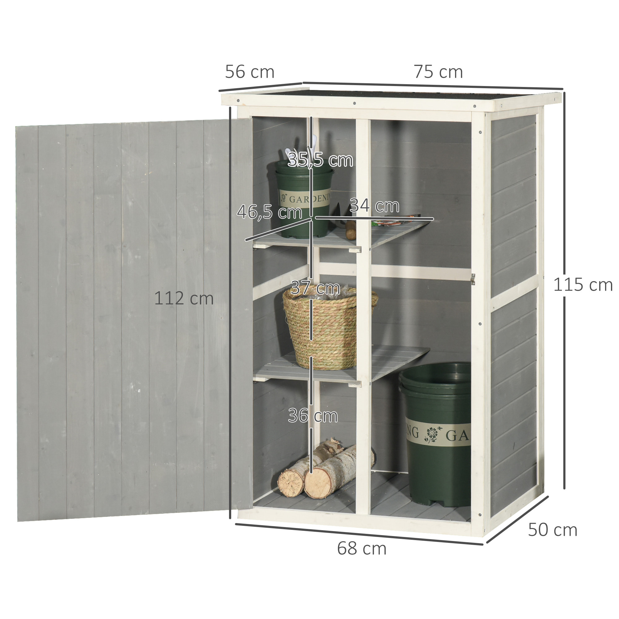 Caseta de Jardín de Madera 75x56x115 cm con 3 Estantes Puerta con Pestillo Techo