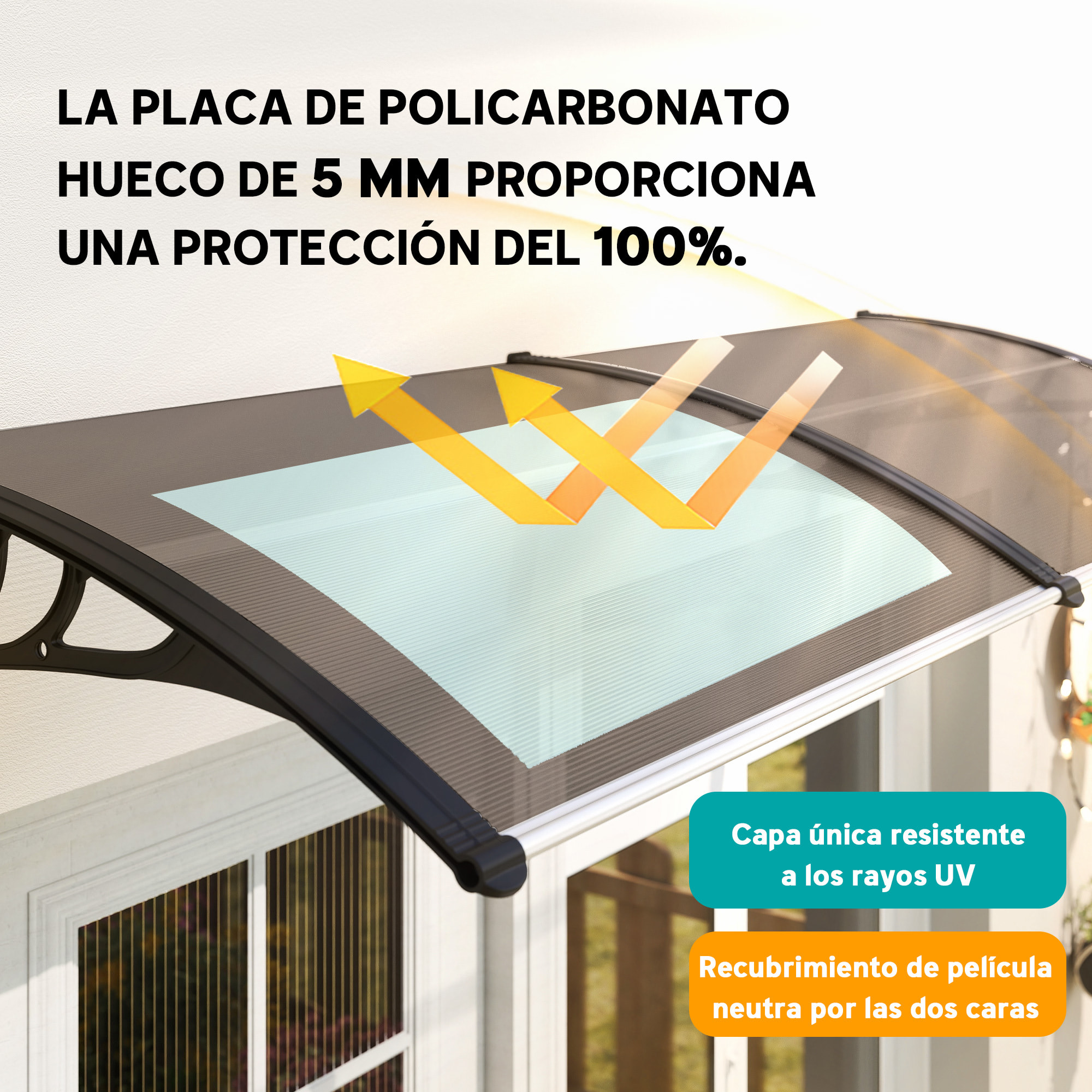 Marquesinas Exterior para Puertas y Ventanas, 195x75 cm, Tejadillo de Protección contra Sol y Lluvia, con Cubierta de Policarbonato, Soporte de Aleación de Aluminio, Marrón