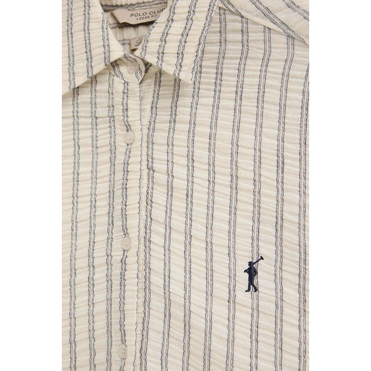 Camicia a righe blu marino effetto stropicciato, fit ampio e ricamo Rigby Go