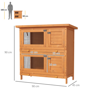 Conejera de Madera Exterior de 2 Niveles 90x45x90 cm para 1-2 Mascotas Pequeñas con Techo Asfáltico Abrible y 2 Bandejas