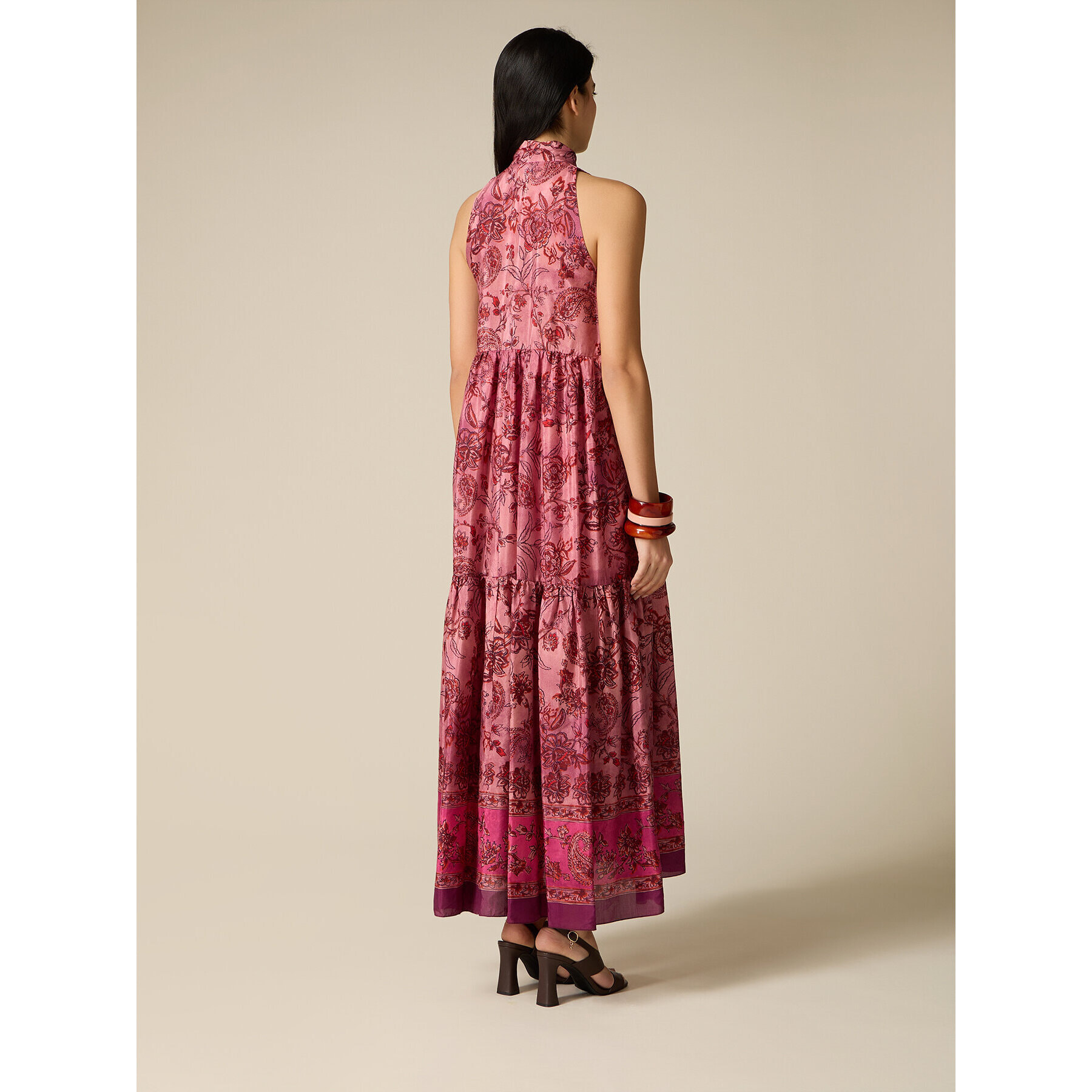 Oltre - Vestito lungo in tessuto fantasia con fiocco - Rosa