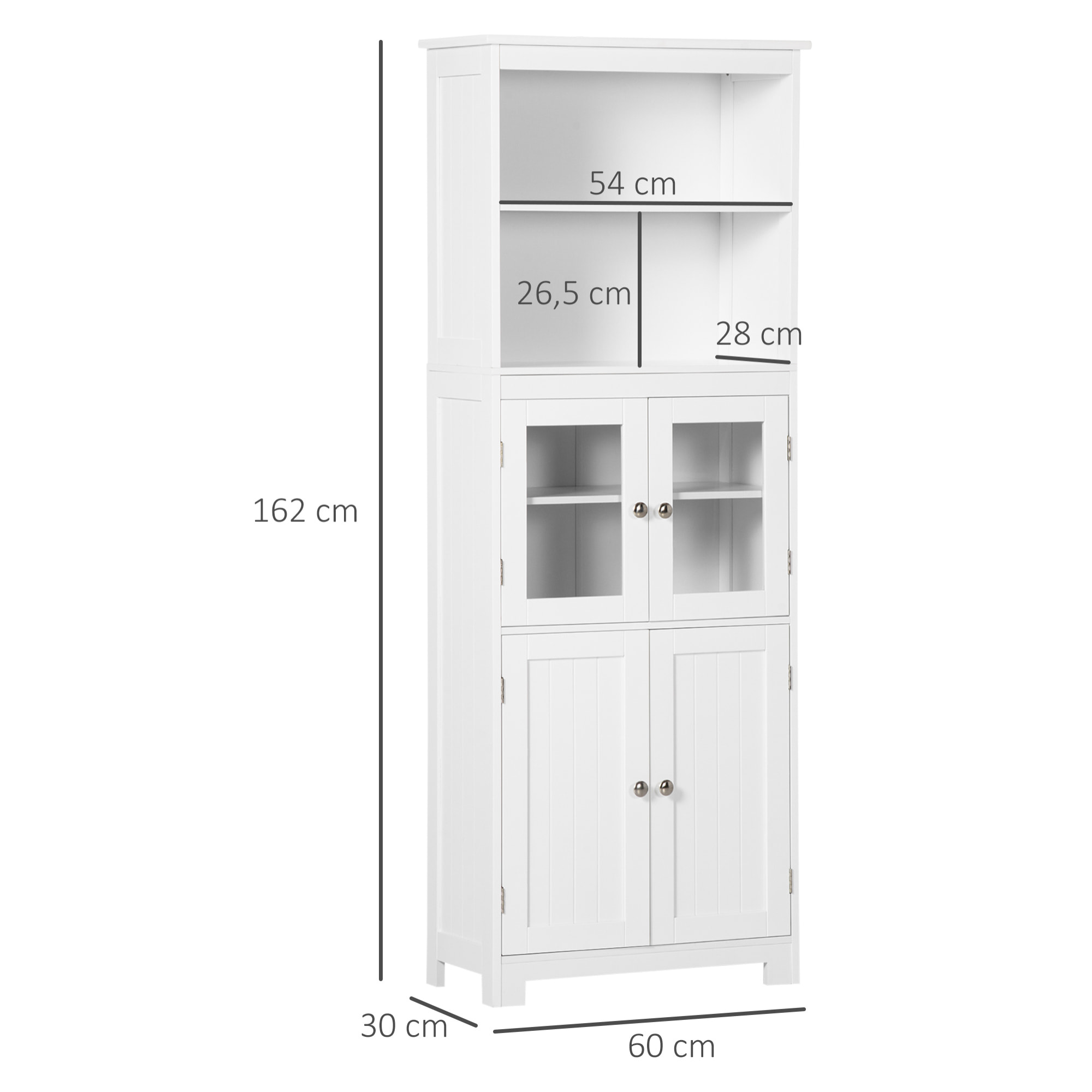 Alacena de Cocina Aparador de Comedor con 2 Puertas de Vidrio Templado 2 Estantes Abiertos y Balda Ajustable para Salón 60x30x162 cm Blanco