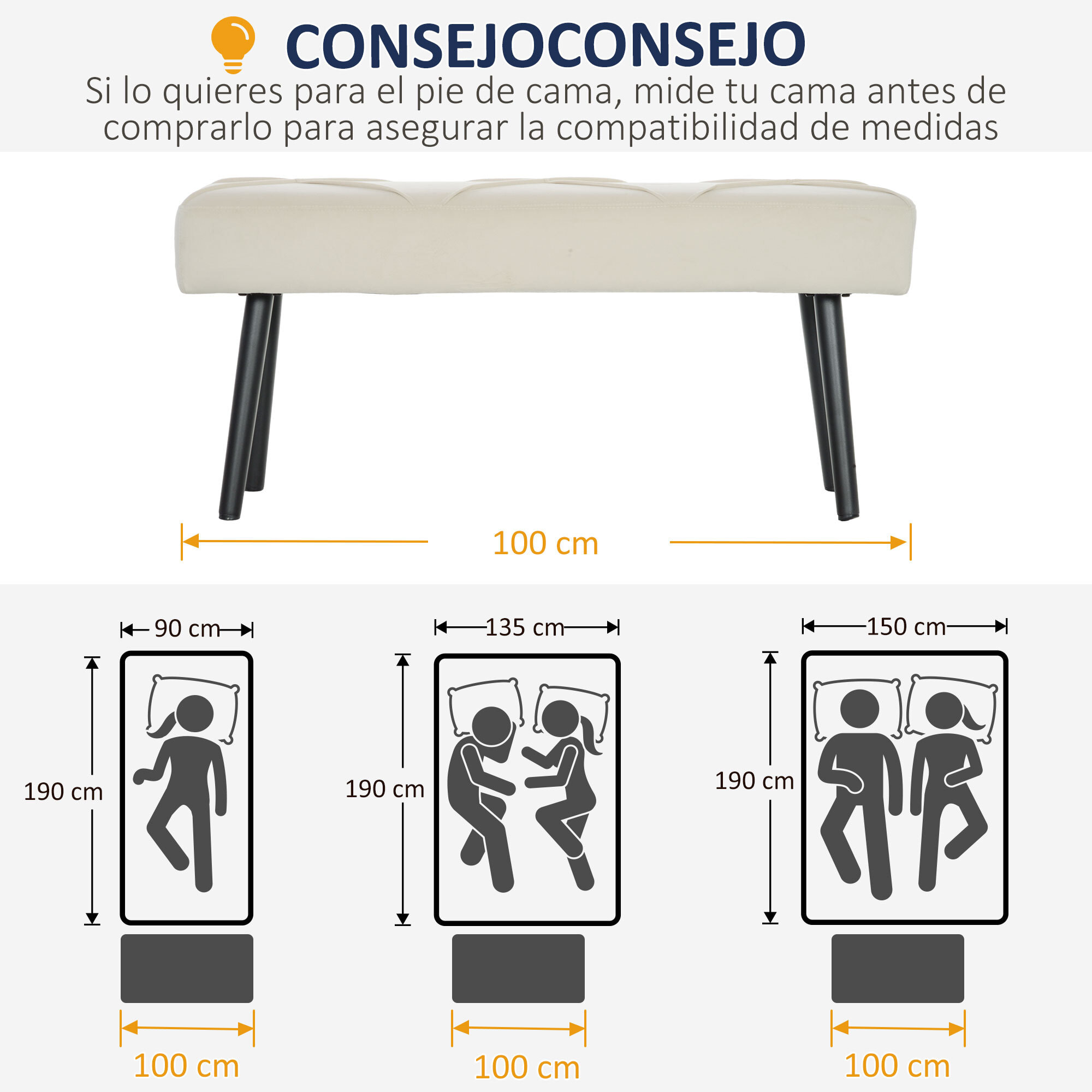 Taburete Pie de Cama Multifuncional, Banco Pie de Cama Moderno, Banco Dormitorio con Asiento Acolchado y Patas de Acero, Carga 120 kg, para Entrada, Pasillo, Salón, 100x36x45 cm, Blanco Crema