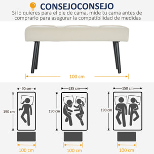 Taburete Pie de Cama Multifuncional, Banco Pie de Cama Moderno, Banco Dormitorio con Asiento Acolchado y Patas de Acero, Carga 120 kg, para Entrada, Pasillo, Salón, 100x36x45 cm, Blanco Crema