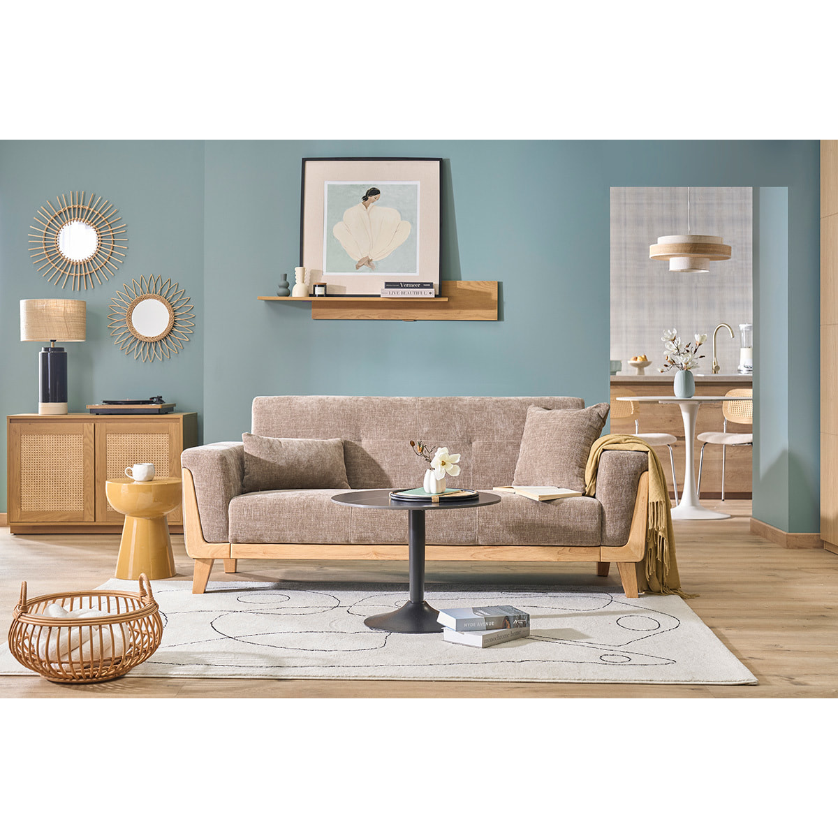 Canapé scandinave 3 places en tissu effet velours texturé taupe et bois clair FJORD