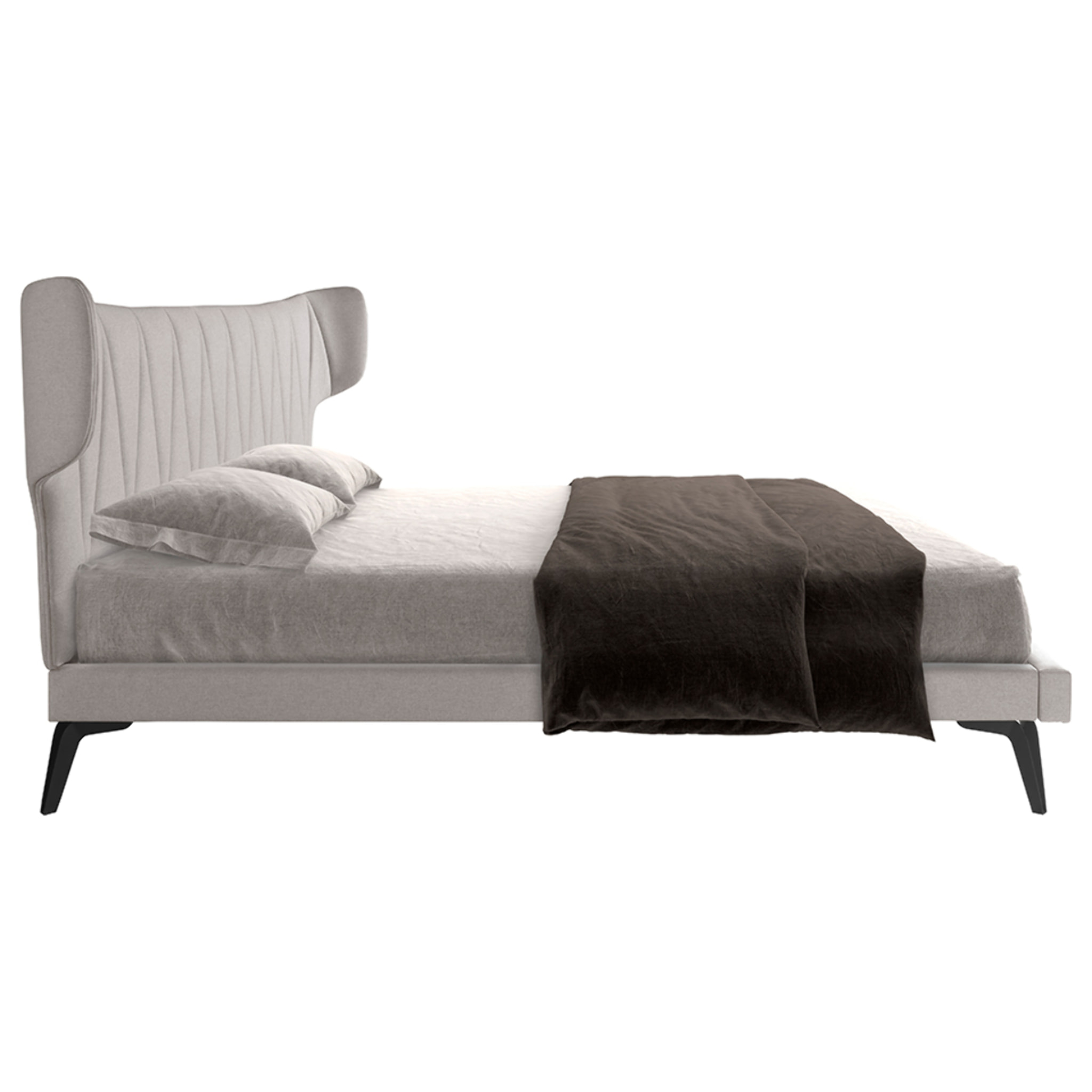 Cama Angel Cerdá de matrimonio con cabecero y estructura en tela gris claro y patas de acero inoxidable en epoxi negro 233x213x112cm