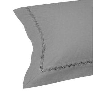 Parure housse de couette satin coton 120 fils brodé unie gris perle