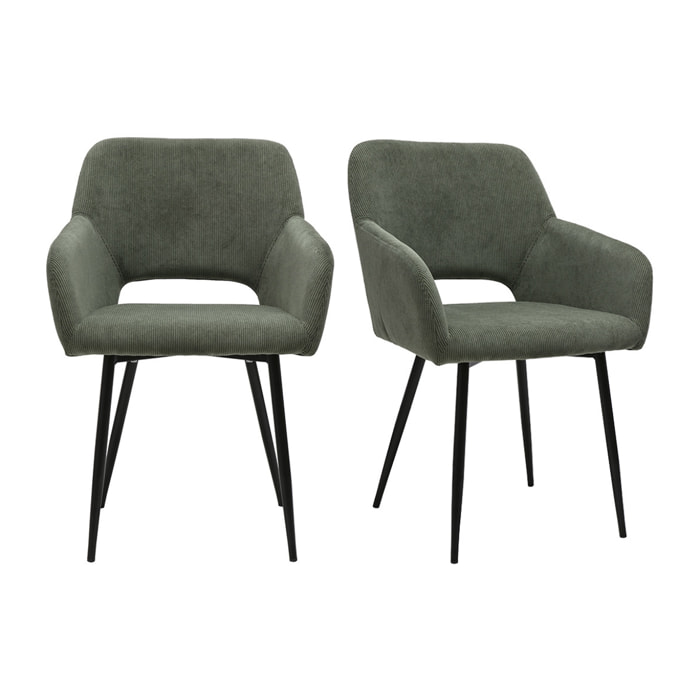 Chaises en tissu velours côtelé vert kaki et métal noir (lot de 2) LAURETTE