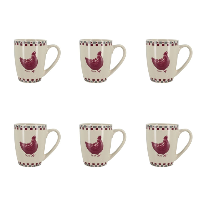 Lot de 6 mugs 38cl en grès avec imprimé poule GALLINA