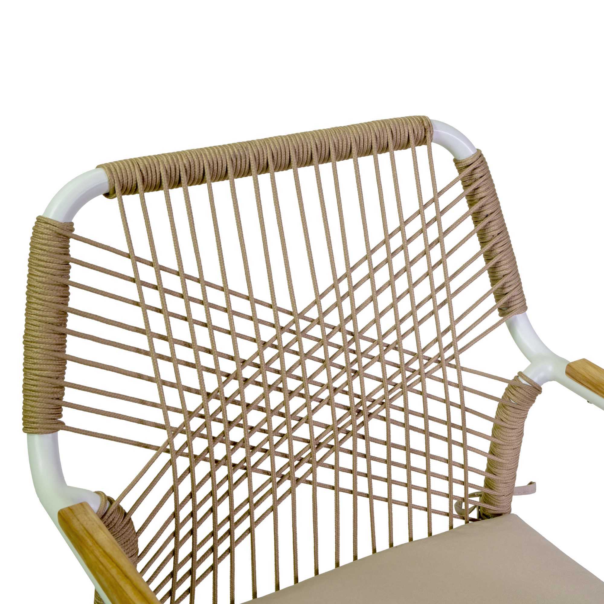 Poltrona Vacchetti Dean in alluminio bianco con corda e cuscino beige cm56x62h85