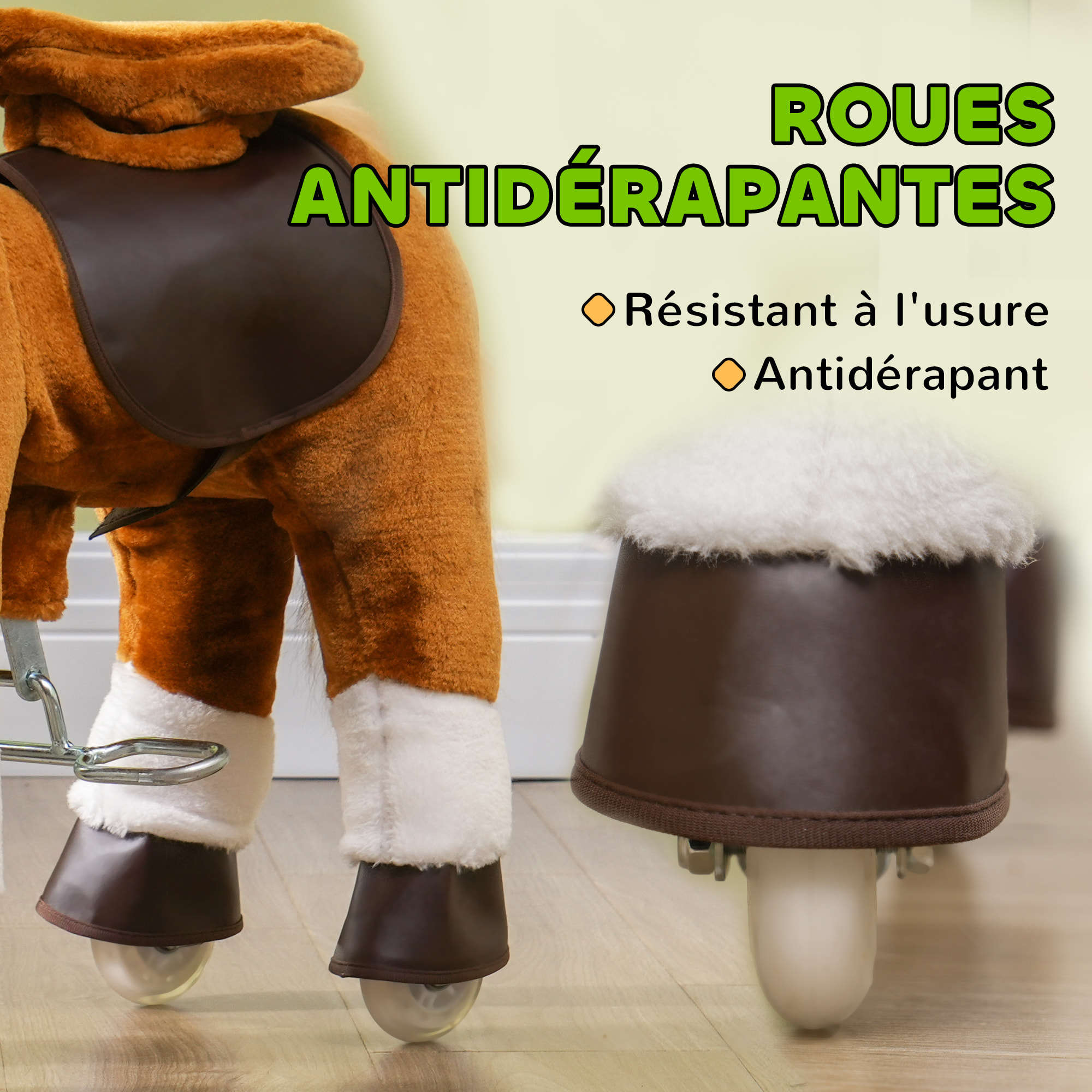 Porteur cheval pour enfant +3 ans cheval debout en peluche 4 roulettes effet sonore marron blanc