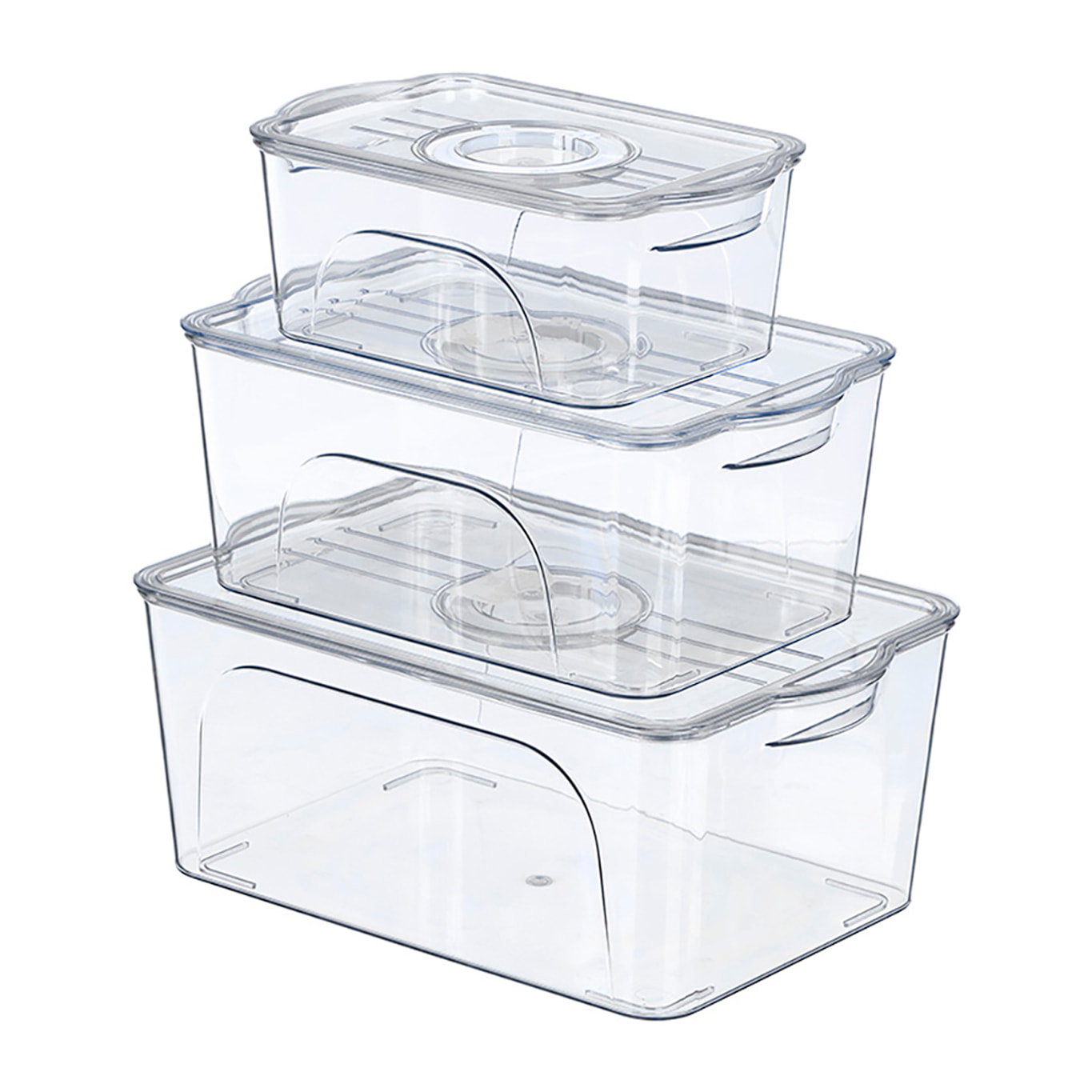 Set di 3 organizer trasparenti per frigorifero con coperchio e anello bianco con data.
