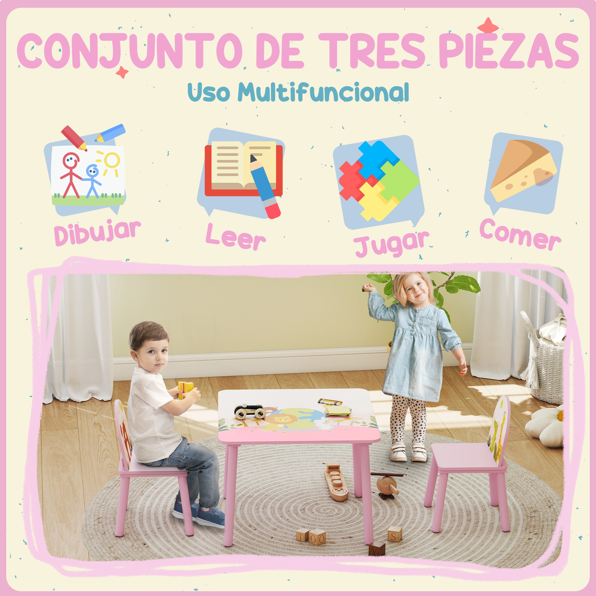 Mesa Infantil con 2 Sillas, Mesa y Sillas Infantil con Estampados de Animales, para Niños y Niñas de 3-8 Años, para Hogar, Guardería, Aulas, Rosa