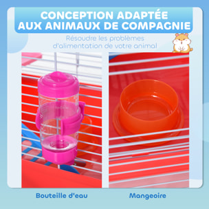 Cage rongeur hamster 2 niveaux cabane roue échelle biberon mangeoire 47 x 30 x 27 cm blanc rouge