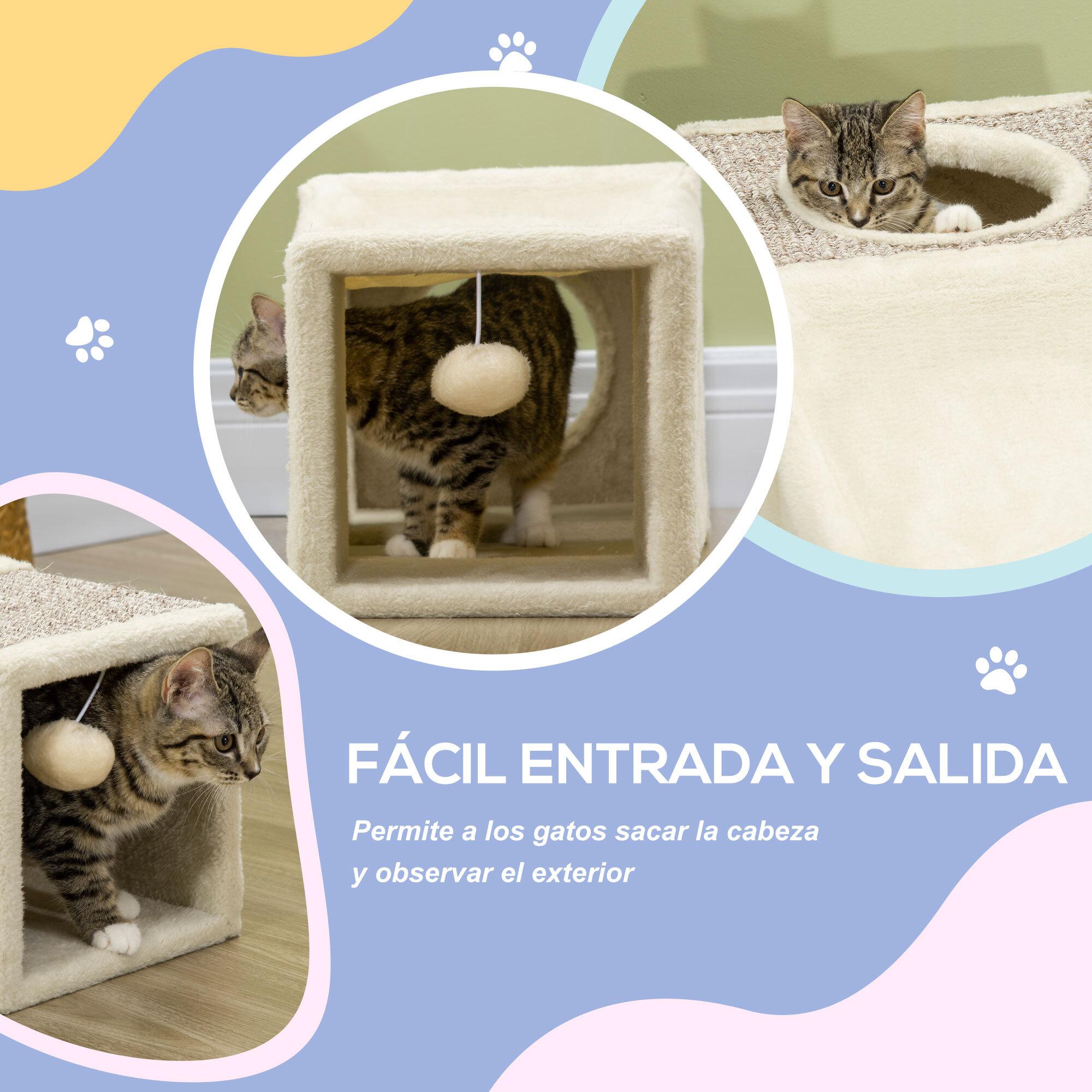 PawHut Túnel para Gatos de Interior Tubo de Juguete para Gatos Plegable con Múltiples Entradas Casetas de Sisal y Bola Colgante 98x30x30 cm Crema