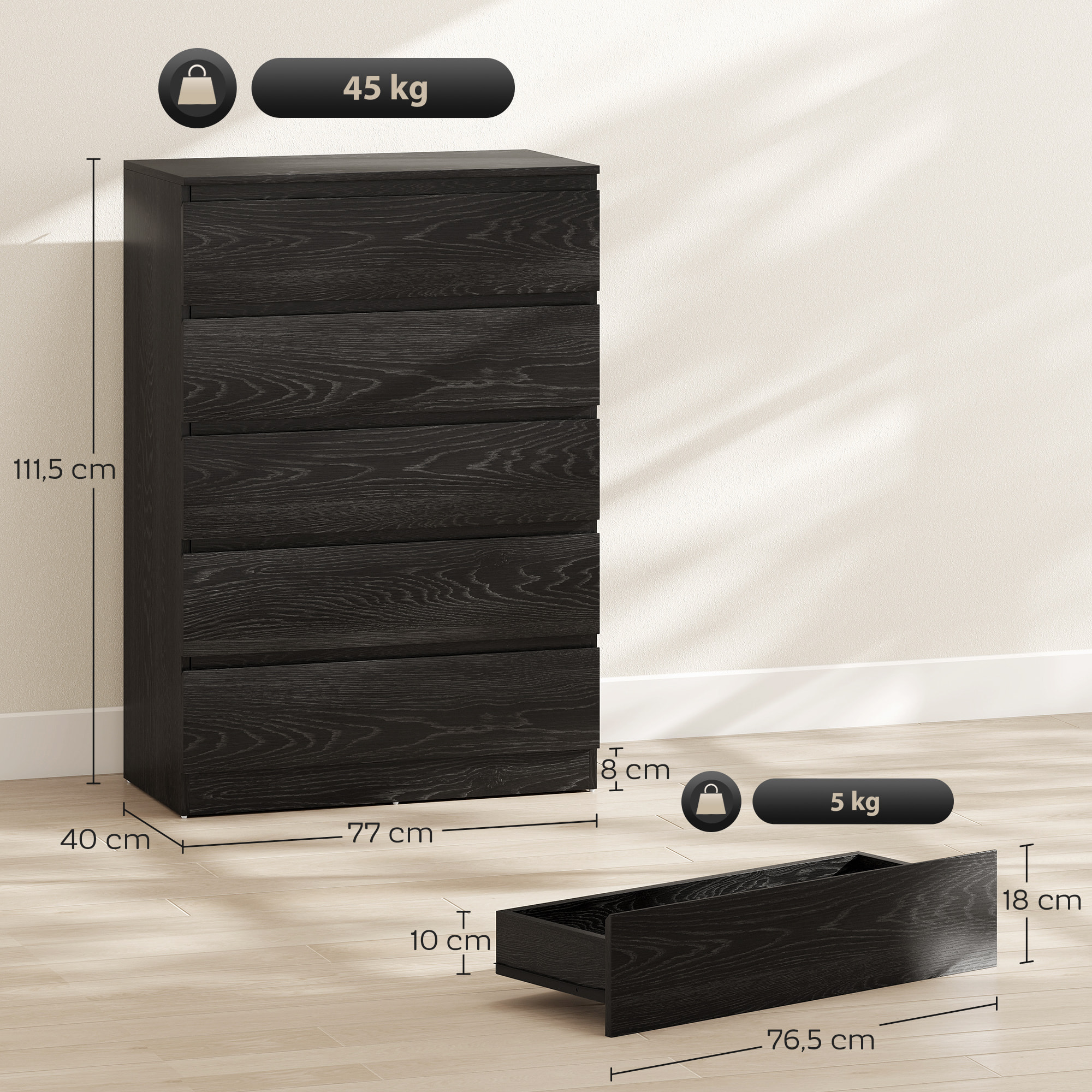 Cómoda 5 Cajones, Cómoda Dormitorio, Cajonera para Salón, Oficina, Estilo Moderno, 77x40x111,5 cm, Negro Veteado