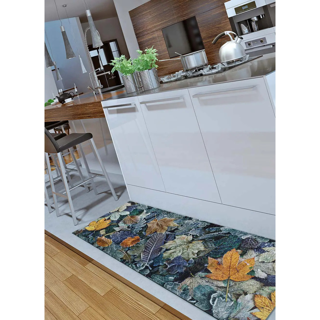 RICCI Alfombra vinílica de cocina dibujos con hojas en azul, varias medidas disponibles.