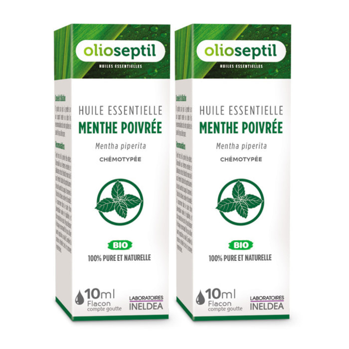 OLIOSEPTIL - Huile essentielle de Menthe Poivrée - 100% Pure et naturelle - BIO - HEBBD (biochimiquement et botaniquement définie) - 100% origine naturelle - Lot de 2 Flacons de 10ml