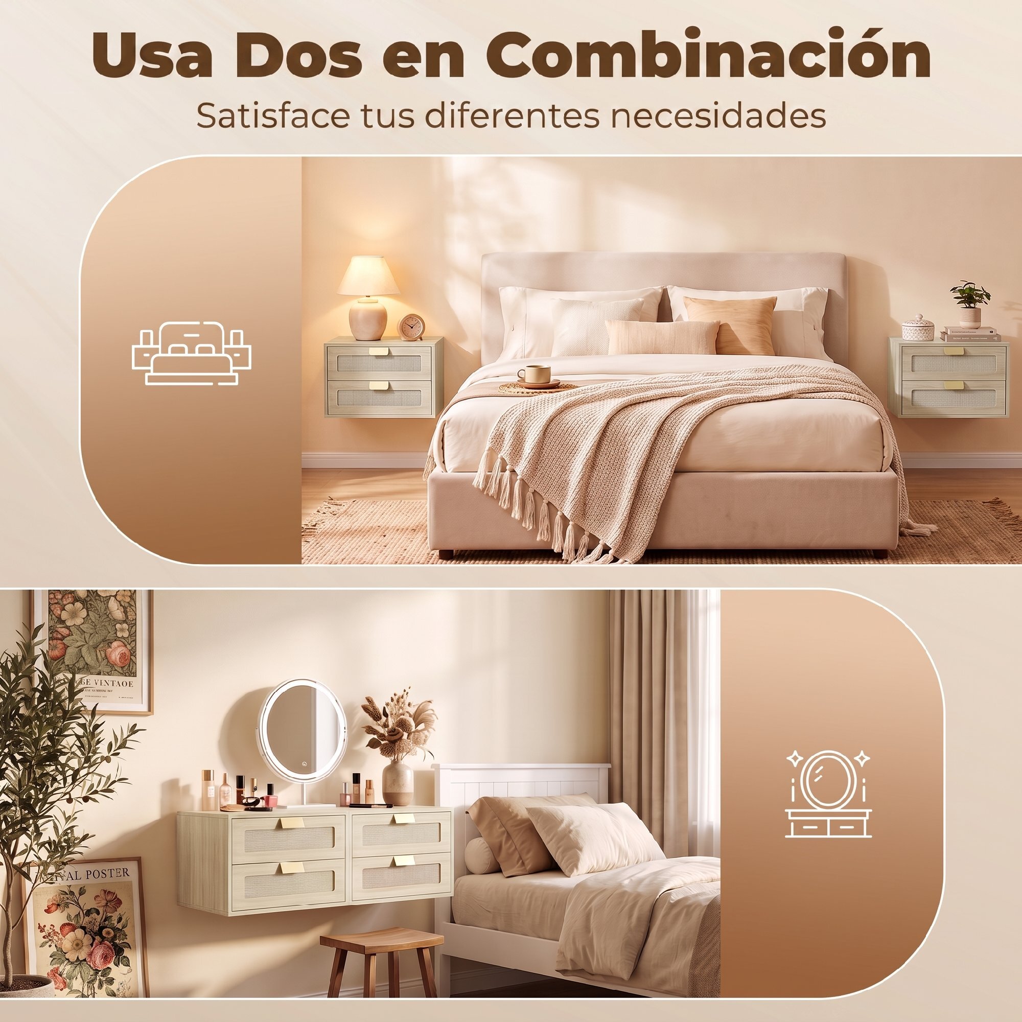 Juego de 2 Mesitas de Noche Flotantes, Mesillas de Noche con 2 Cajones con Frente de Ratán Natural, Diseño Moderno, para Dormitorio, 40x30x27,6 cm, Roble