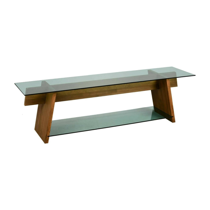 Mobile porta TV Amorosi, Credenza da soggiorno, Armadio basso per TV, Base parete attrezzata, 158x40h45 cm, Noce e Verde