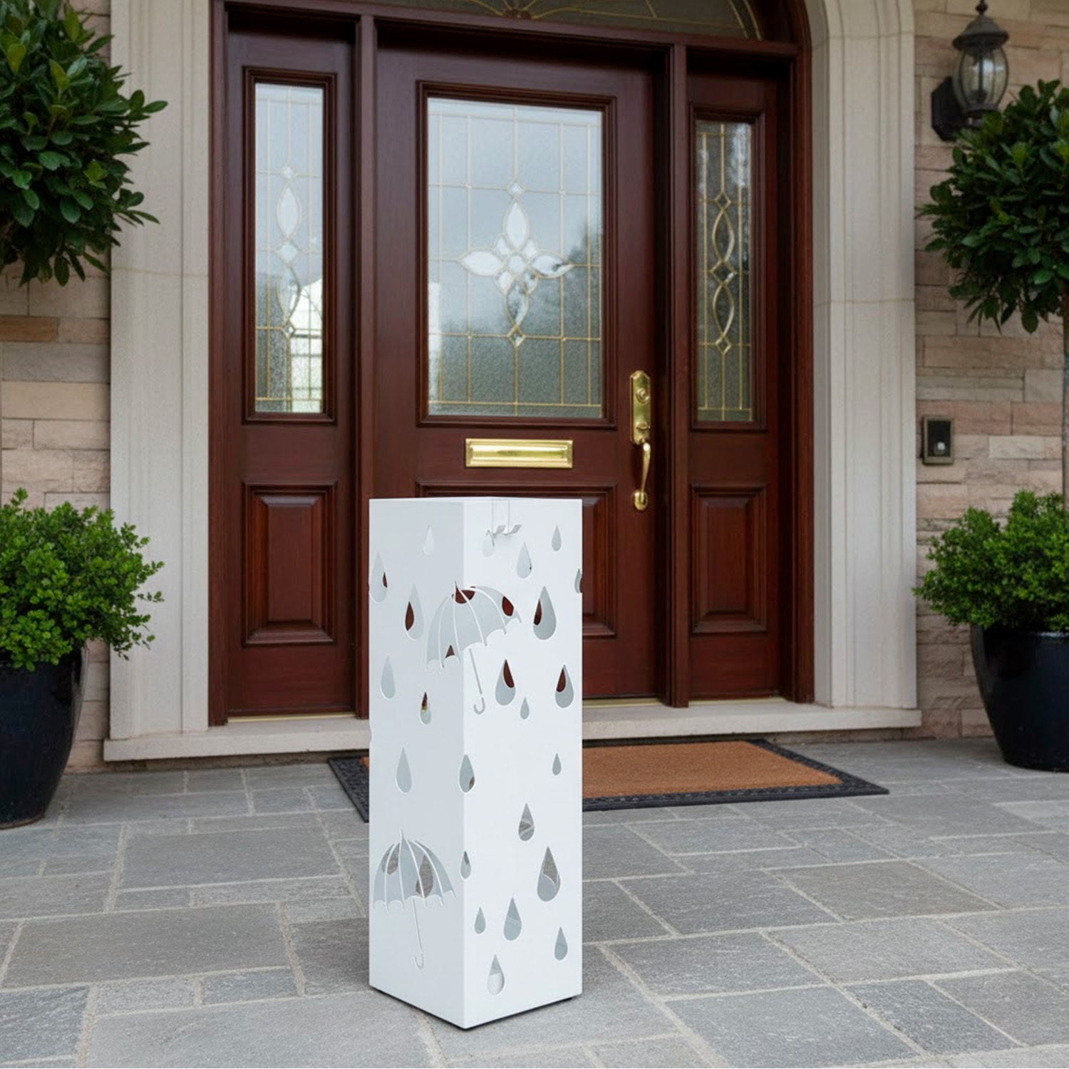 Portaombrelli In Acciaio Zincato Con Vaschetta Scolapioggia E 4 Ganci Removibili Base Antiscivolo Design Moderno Ingresso  49 x 15.5 x 15.5 Cm Bianco