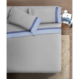 Completo letto doppia balza RASO IPERSAN Puro Cotone Azzurro/Jeans fondo Grigio