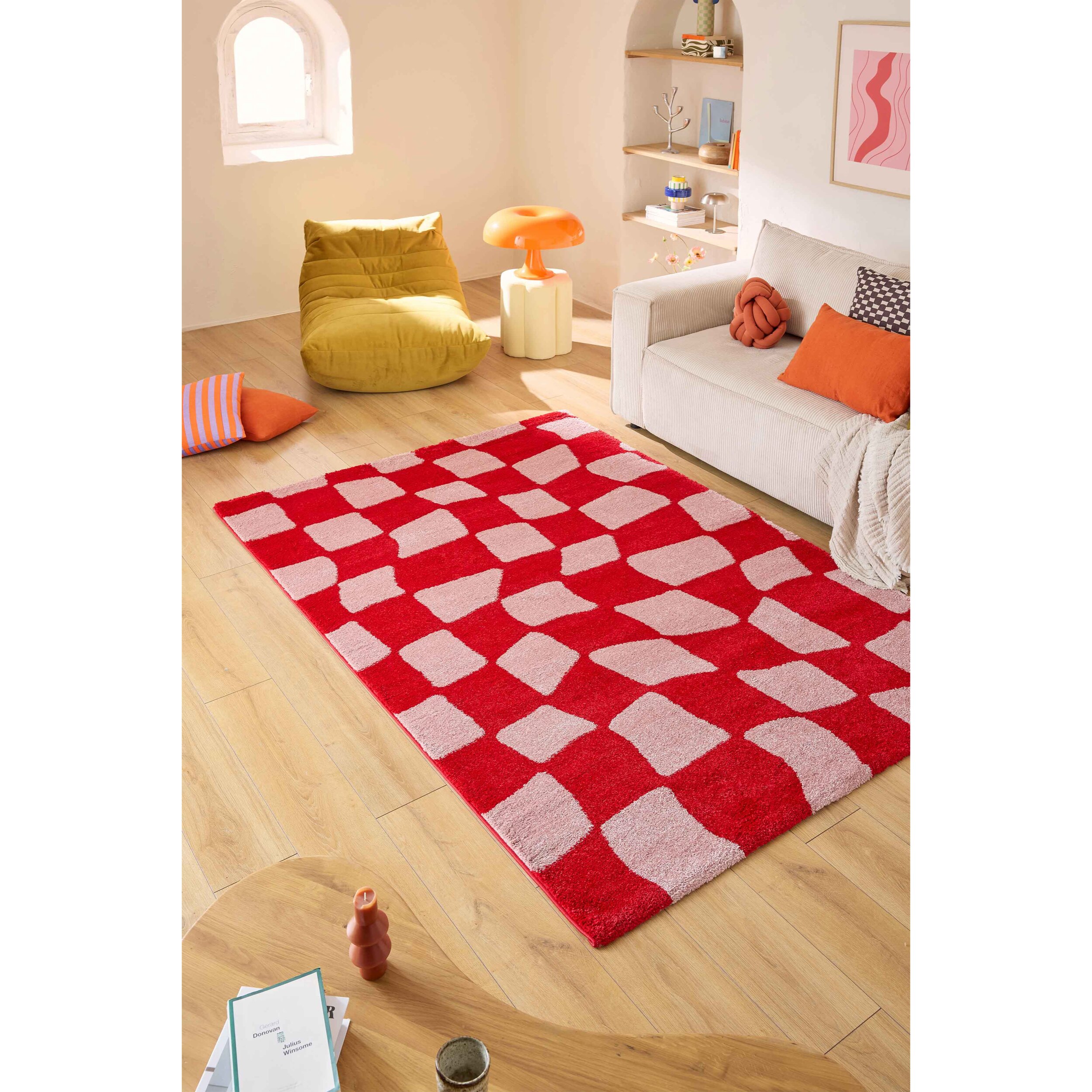 GROOVY - Tapis rétro coloré style seventies - Confortable et moelleux - Rouge