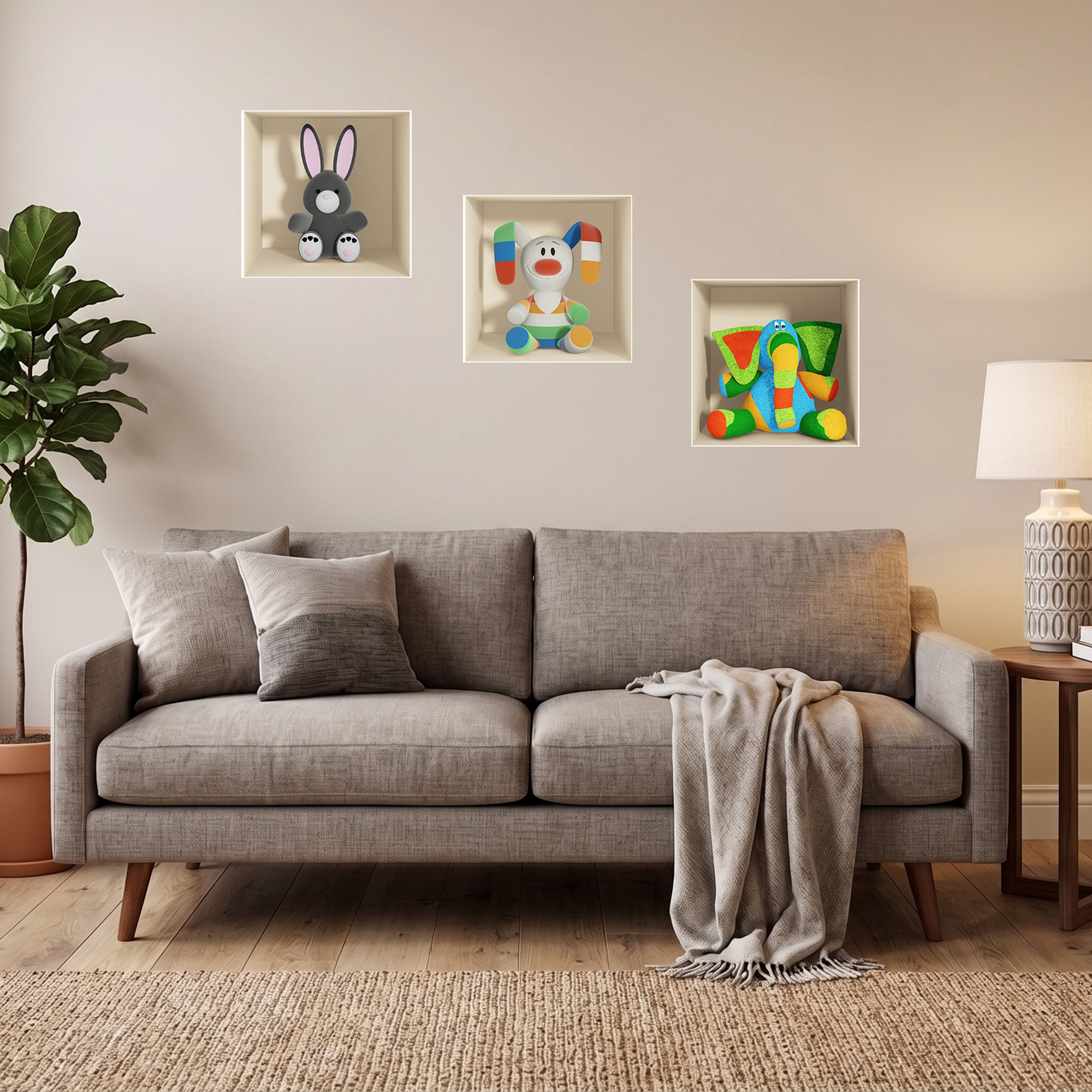 Stickers muraux 3D | Sticker Mural Autocollant effet 3D jouets Ãƒâ€°léphant, lapin gris et lapin en couleurs - Stickers adhésifs 3D Chambre Salon Trompe l'oeil