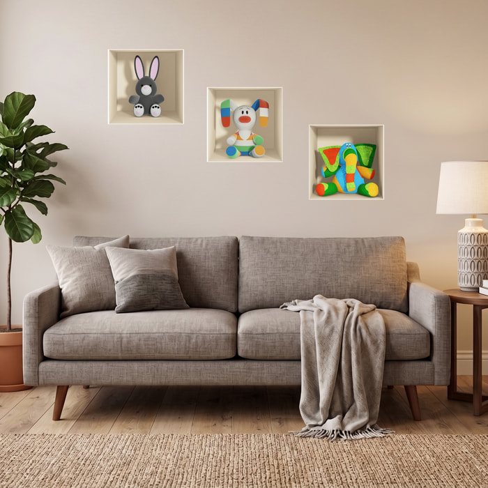 Stickers muraux 3D | Sticker Mural Autocollant effet 3D jouets Ãƒâ€°léphant, lapin gris et lapin en couleurs - Stickers adhésifs 3D Chambre Salon Trompe l'oeil