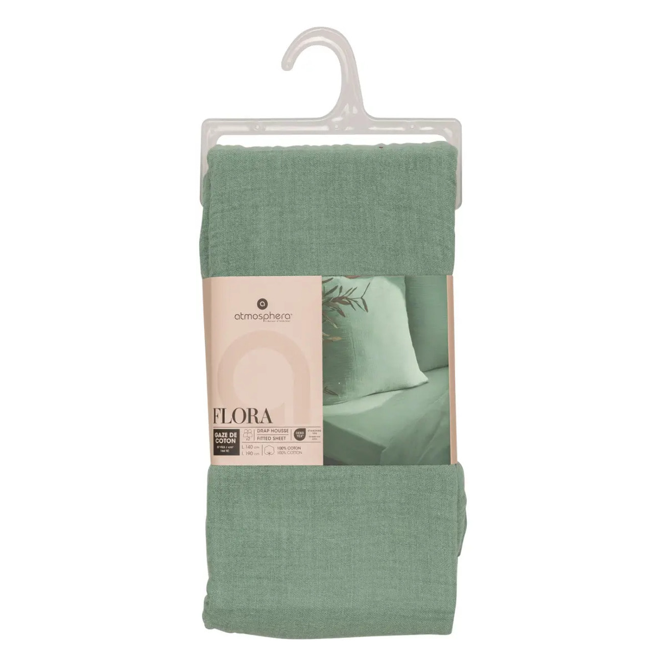 Drap housse "Flora" gaze de coton vert céladon 140x190cm