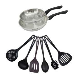 Set 2 poêles en inox et 6 ustensiles RPET Fackelmann Geneva