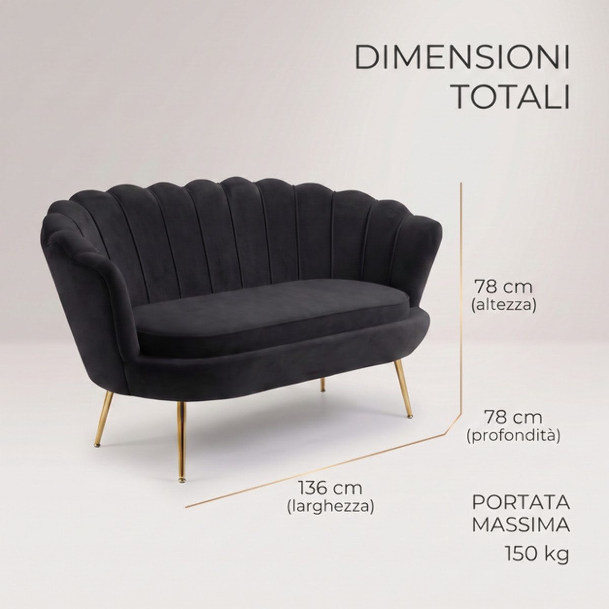 Divano 2 Posti in Velluto con Schienale a Ventaglio, Seduta Imbottita dallo Stile Elegante per Soggiorno, Studio e Camera da Letto