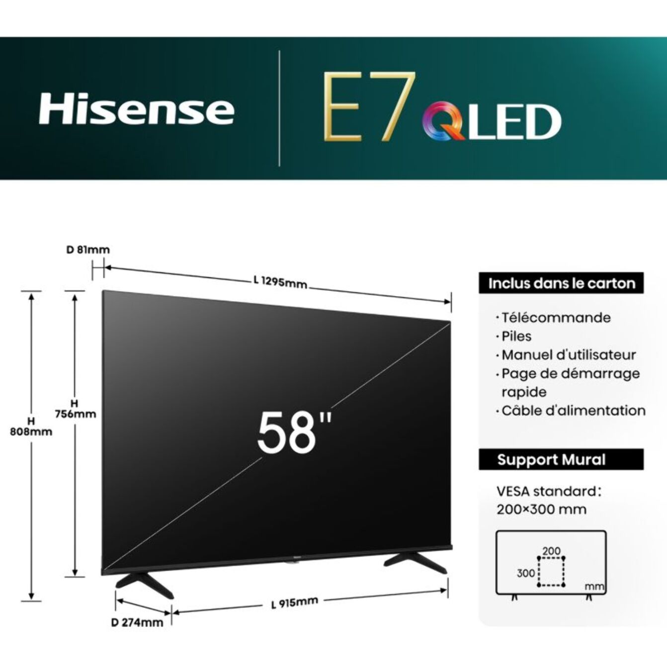 TV QLED HISENSE 58E7NQ 2024-58 pouces (146cm)