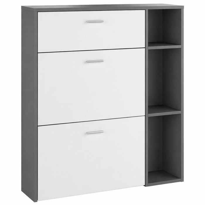 Scarpiera Mobile Portascarpe Salvaspazio Ingresso Con 2 Ribalte Doppia Profondità 1 Cassetto 3 Vani A Giorno 90 x 101.5 x 26 Cm Bianco e Grafite