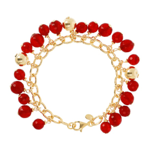 Bracciale Catena Rolo Martellata in Argento 925 placcato Oro Giallo 18kt con Ciondoli in Quarzite Rossa Sfaccettata