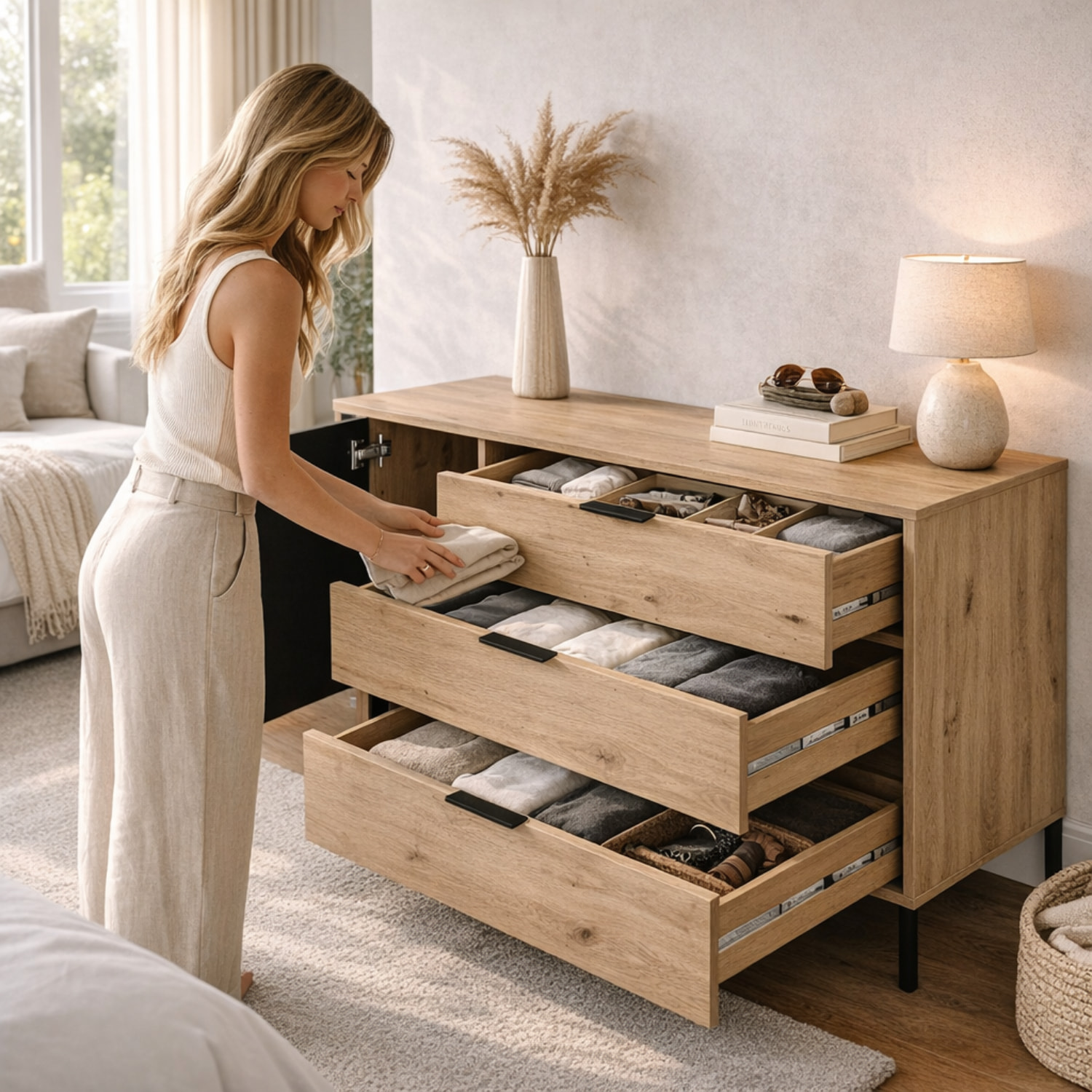 Comò Moderno Con 3 Cassetti E Anta Battente Cassettiera Mobile Contenitore Elegante Base In Metallo 137.3 x 81.4 x 39.5 Cm Rovere E Grigio Antracite