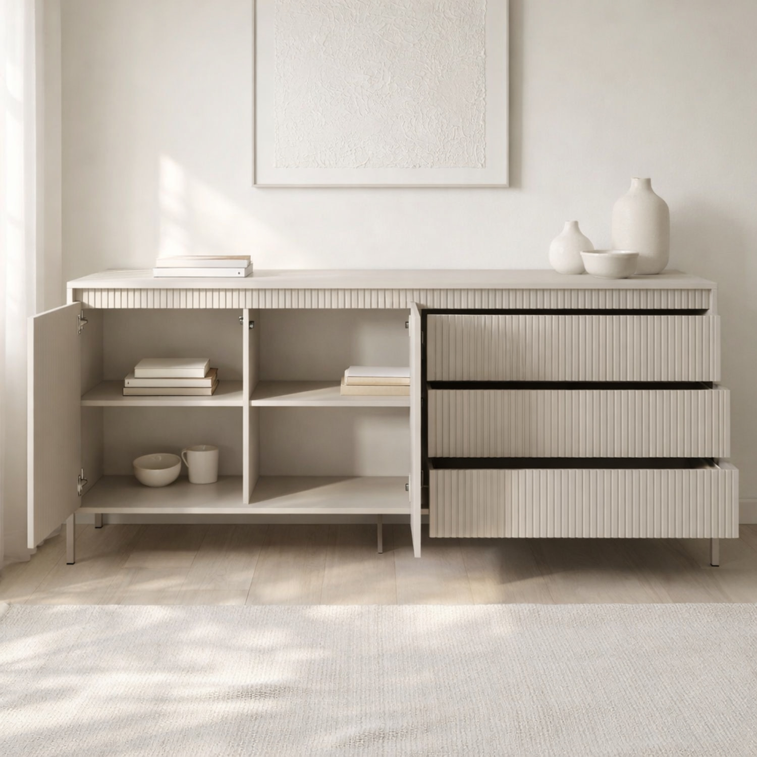Madia Credenza 2 Ante 3 Cassetti Push To Open Con Ripiani E Vani Mobile Soggiorno Design Moderno Con Piedini In Metallo 187.1 x 81.4 x 39.5 Cm Cashmere