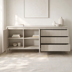 Madia Credenza 2 Ante 3 Cassetti Push To Open Con Ripiani E Vani Mobile Soggiorno Design Moderno Con Piedini In Metallo 187.1 x 81.4 x 39.5 Cm Cashmere