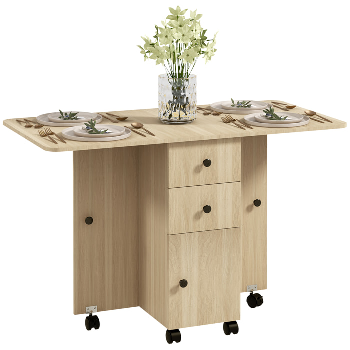 Mesa Plegable de Comedor Mesa de Cocina Plegable con Ruedas Alas Abatibles Cajones y Armario Mesa Plegable para 4-6 Personas 120x60x76,5 cm Natural