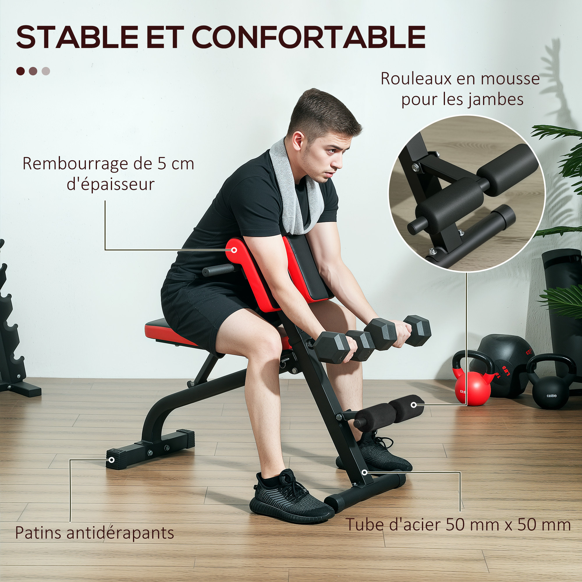 Banc de musculation 150L x 150l x 76H cm hauteur coussin abdominal réglable 7 niveaux dossier rembourré acier noir rouge