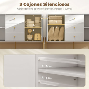 Aparador Moderno de 2 Puertas, Aparador de Salón con 3 Cajones, Estantes Ajustables, Encimera con Efecto Mármol, Patas de Acero, para Cocina, Entrada, Dormitorio, Blanco, 120x39,1x76 cm